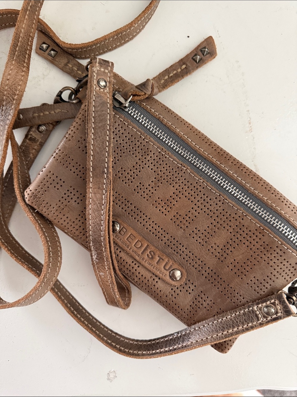 BED|STU Brown Perforated Leather Crossbody with Stud Accents